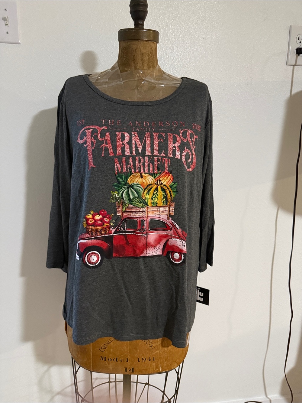 NWT Farmers Market Graphic Long-Sleeve Top - Charcoal with Red Print 1X & 3X